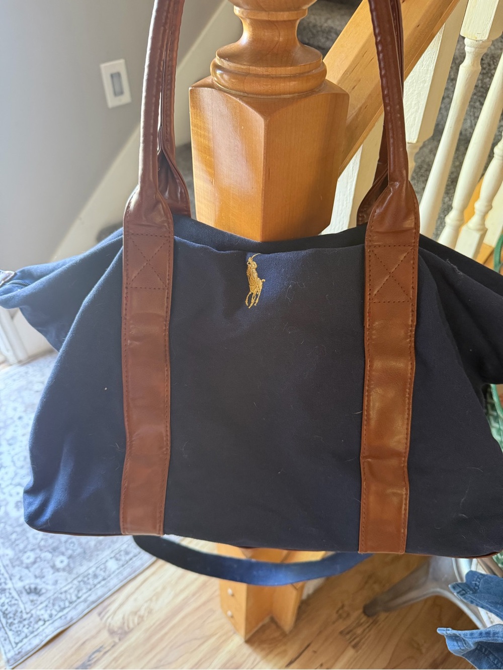 Polo by Ralph Lauren Navy Canvas Duffel with Brown Leather Trim and Gold Pony